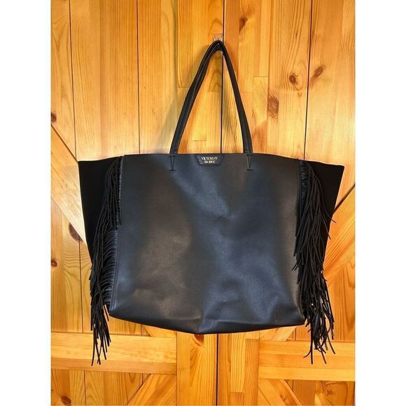 VICTORIA's SECRET Large Handbag Tote Black Faux Leather Fringes (4275) - Picture 1 of 8